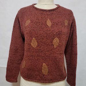 Womens Brown Hand Knit Sweater with Leaf Design, Size Medium